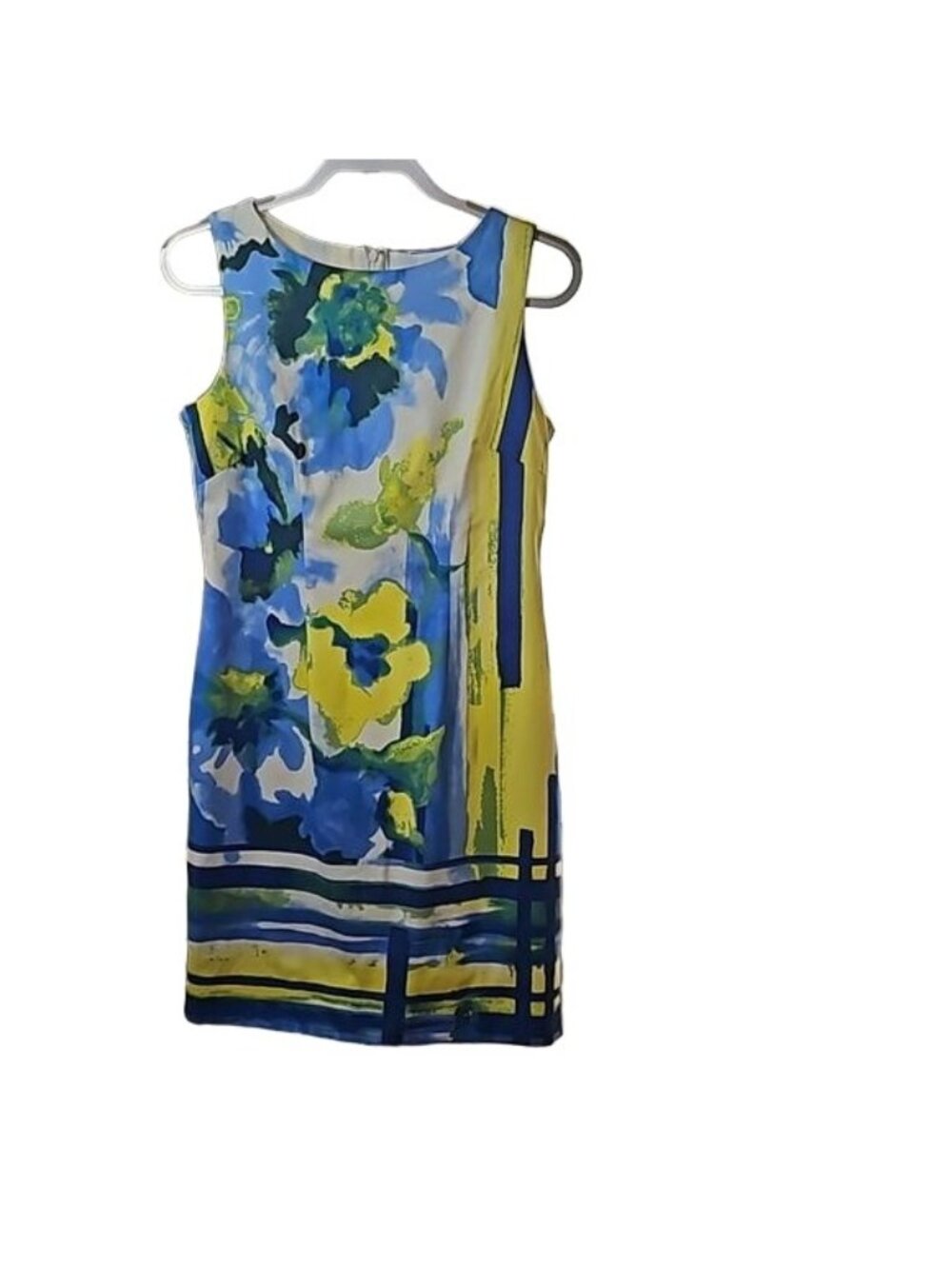 CHETTA B FLORAL WATERCOLOR DRESS GREEN BLUE YELLOW SHIFT MIDI DRESS SIZE 6